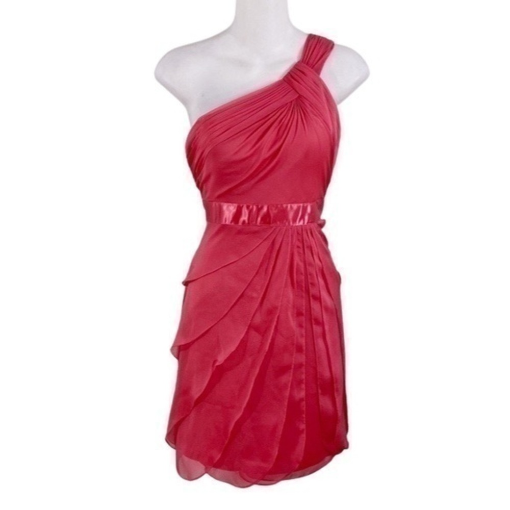 Adrianna Papell pink one shoulder flutter tier dress FF3